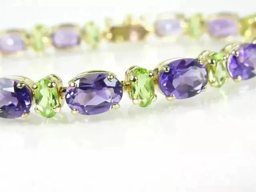 Women's Tennis Bracelet 12Ct Lab Created Amethyst Peridot 14K Yellow Gold Plated - Picture 2 of 7