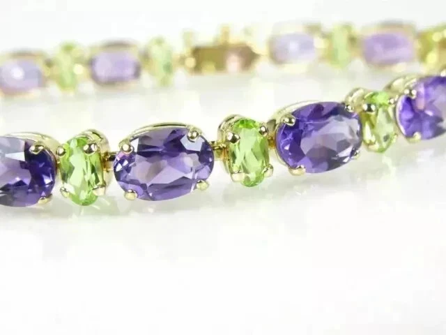 Women's Tennis Bracelet 12Ct Lab Created Amethyst Peridot 14K Yellow Gold Plated - Image 2 of 4