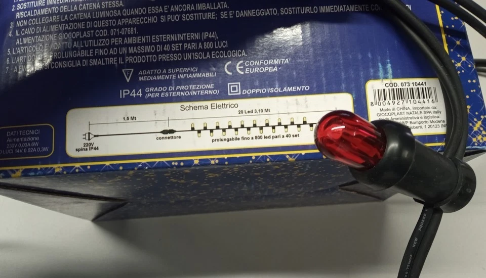 Giocoplast cordoniera luci festone 20 lampadine LED rosso prolungabile IP44 - Immagine 4 di 4