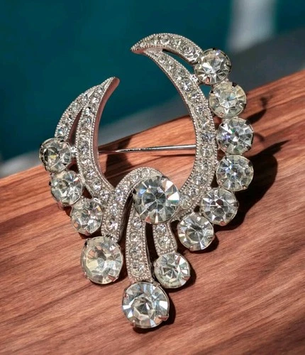 Vintage Eisenberg Ice Signed Clear Rhinestone Silver Tone Pin Brooch