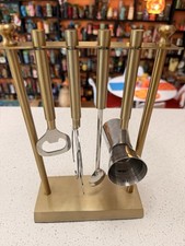 MCM Style Metal Brass & Silver Tone Bar Mixer Tool Set w/ Stand 5pc Mid Century