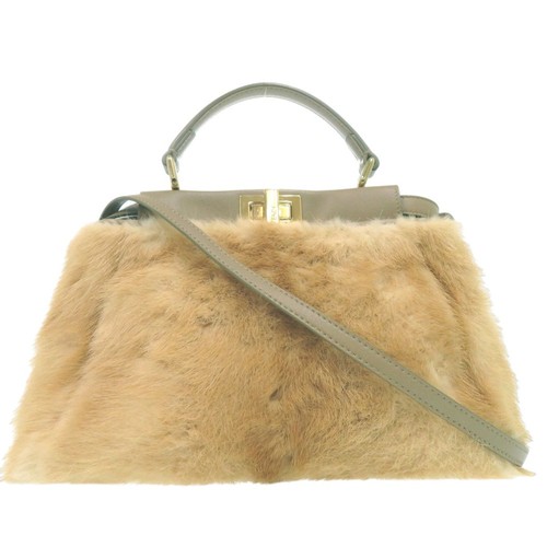 FENDI Peekaboo Mini 2WAY Leather Handbag Beige Gold Hardware Used