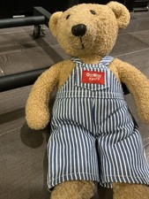 Vintage OshKosh B gosh Teddy Bear Plush Denim Stripe Overalls 12 Stuffed Animal