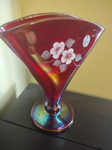Vintage Fenton Damask Rose on Red Carnival Fan Vase Signed Shaun Rippeto