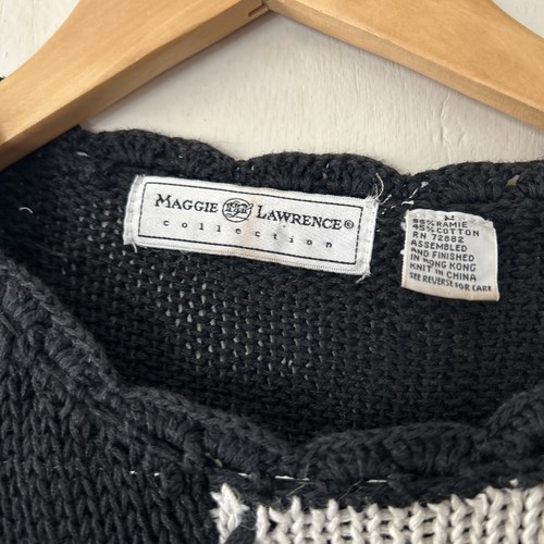 Vintage Maggie Lawrence Cardigan 80s Black Knit Flower Sweater Medium Read - Picture 2 of 21