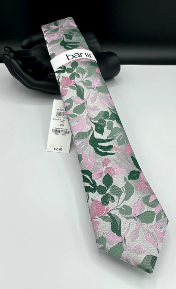 Bar III 男式丝绸混纺领带 ~ 粉红色 ~ Haydon 花卉 ~ 全新 MSRP:55 美元。 — 第 2/3 张图片