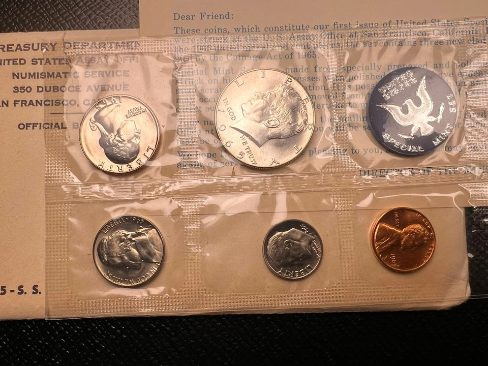 1965 Special Mint Mint Set SMS 5 BU Coins 40% Silver Kennedy Original Envelope - Image 2 of 4