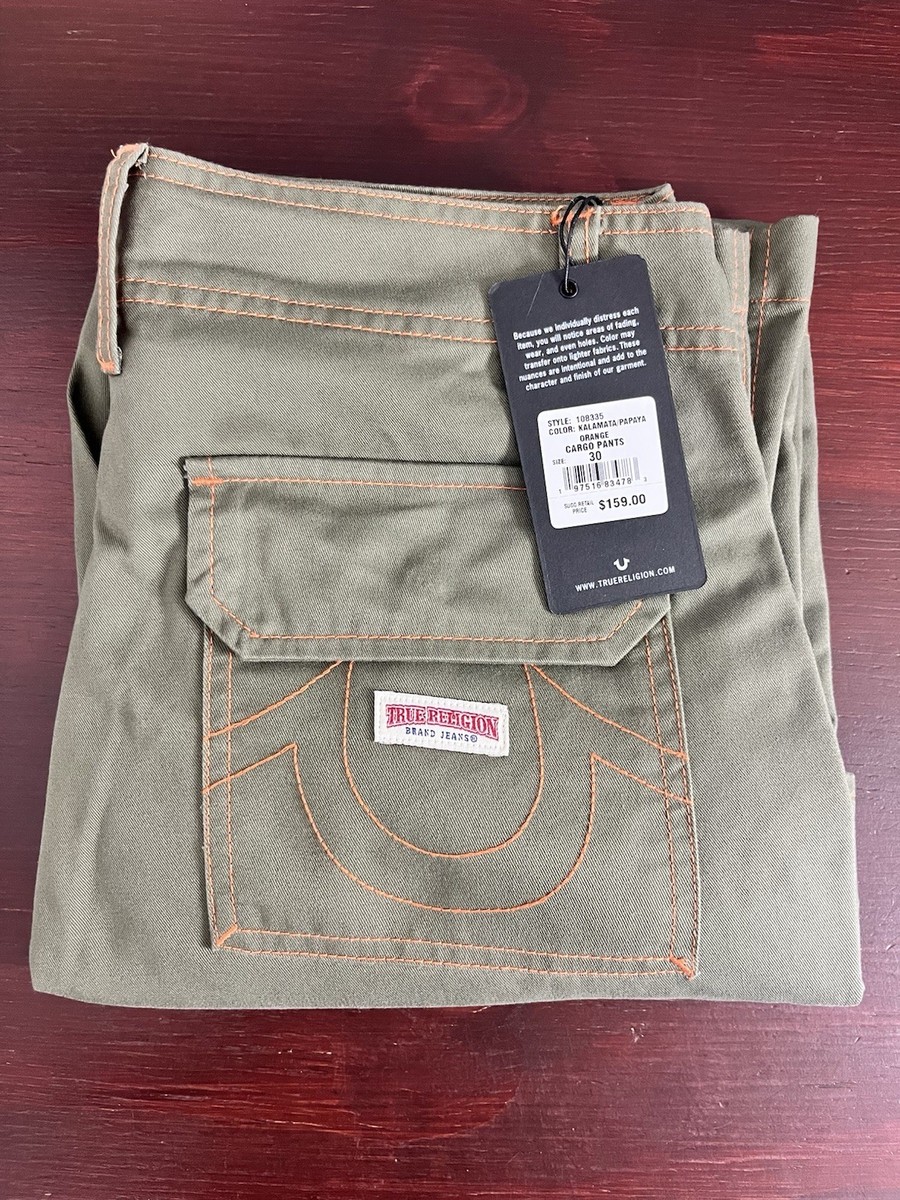 True Religion Cargo Pants Olive Green Kalamata Orange Stitch