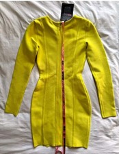 HOUSE OF CB Carly Neon Yellow Lime Green Bodycon Bandage Long Sleeve Mini Dress