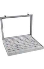 Gray Jewelry Display Case with Glass Lid and Metal Clasps