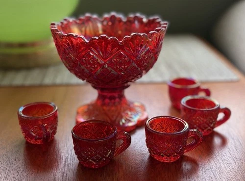 Vintage Red Carnival Glass Thumbelina Mini Punch Bowl Set - UV Cadmium Glow
