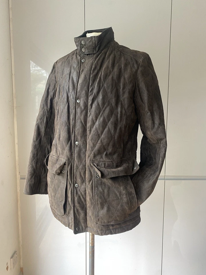 M&S BLUE HARBOUR LARGE KHAKI BROWN SUEDE QUILTED JACKET PLAID THINSULATE LINING - Image 2 of 4