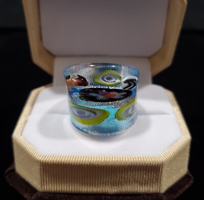 Boho Turquoise abstract Floral theme Hand Blown Glass Bling Ring - Size 7.75
