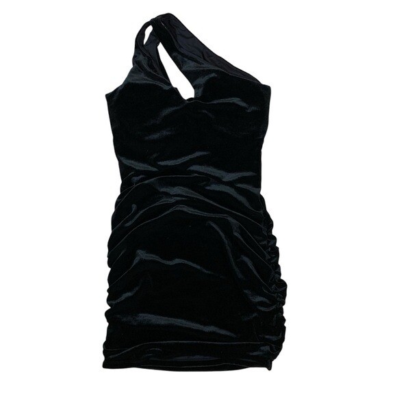 Klassy Network Black Velvet One Shoulder Ruched Mini Dress Medium Side Zip
