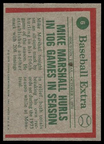 1975 Topps Mike Marshall Los Angeles Dodgers #6 - Picture 2 of 2