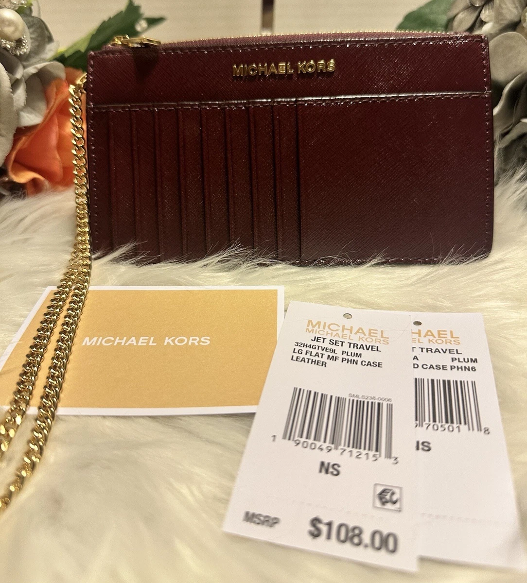 NWT Michael Kors Jet Set Travel Chain Card Case Leather Wallet Burgundy