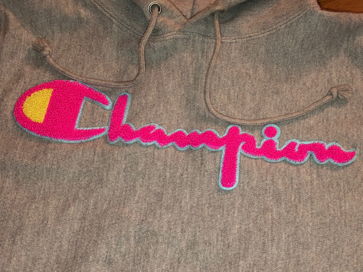 Champion Reverse Weave Hoodie Patch Spellout Logo Gray