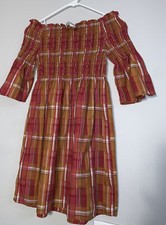 Zara Off the Shoulder Smocked Plaid Dress Womens Size XS Orange 100% Cotton