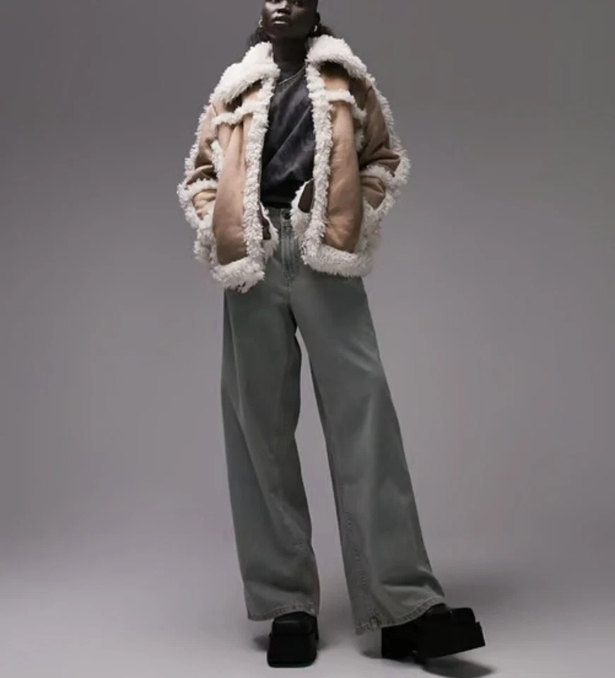 Topshop Petite Faux Leather Mid Length 70s Style Car Coat in tan-Brown UK 12-14 - Image 2 of 4