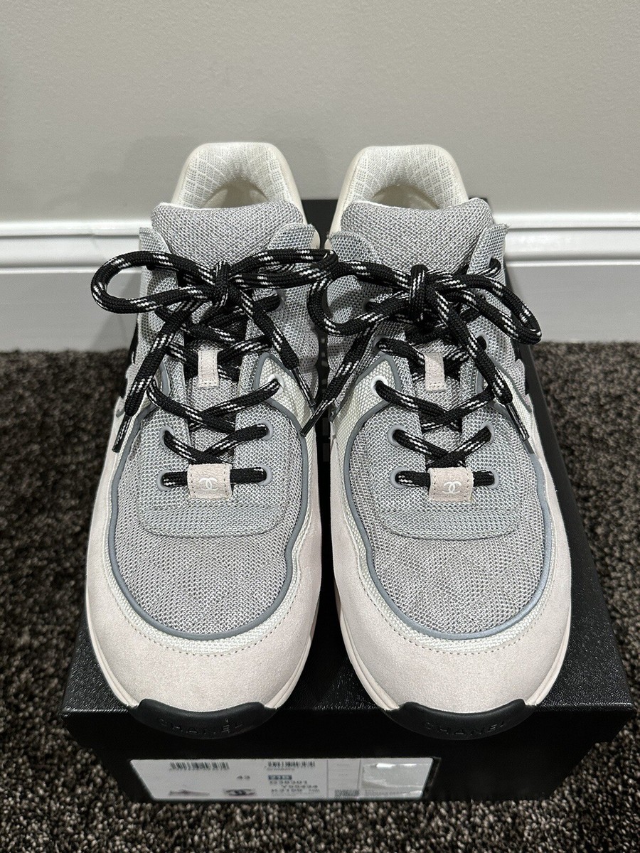 Chanel CC Logo Quilted White / Grey Suede Trainer Sneakers