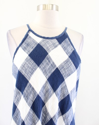 Cloth and Stone Anthropologie Navy Blue Plaid Gauzy Halter Dress Size S Linen - Picture 5 of 7