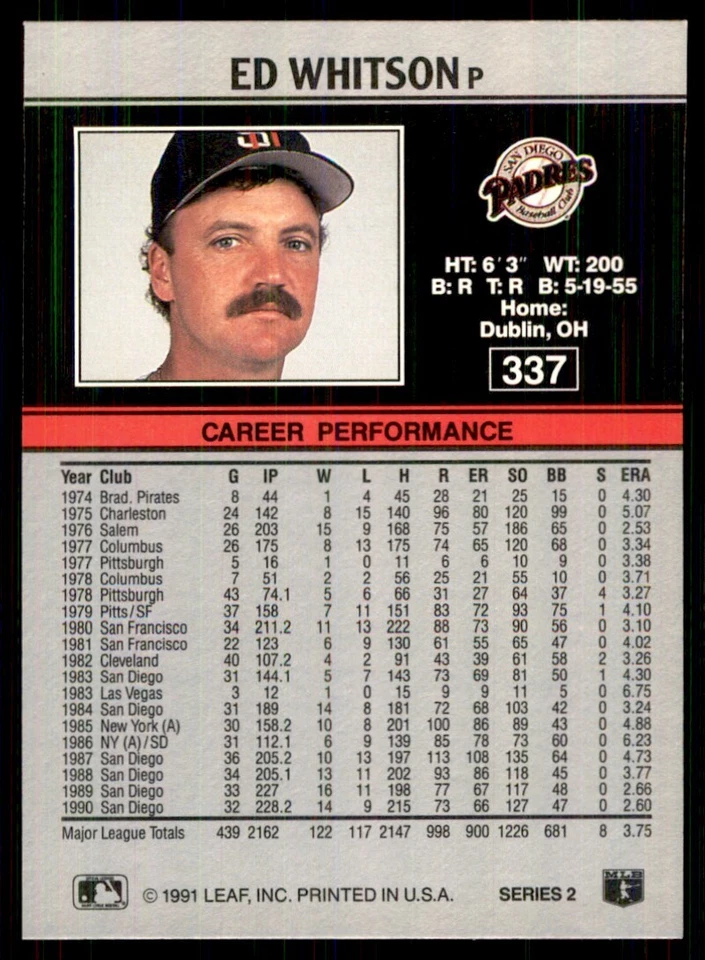 1991 Leaf Ed Whitson Baseball Cards #337 - Image 2 of 2