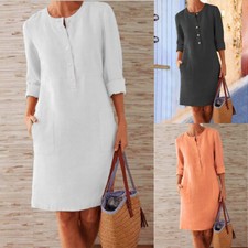 Casual Ladies   Plus Size Cotton Dress Linen Loose  Sleeve   Midi Dresses