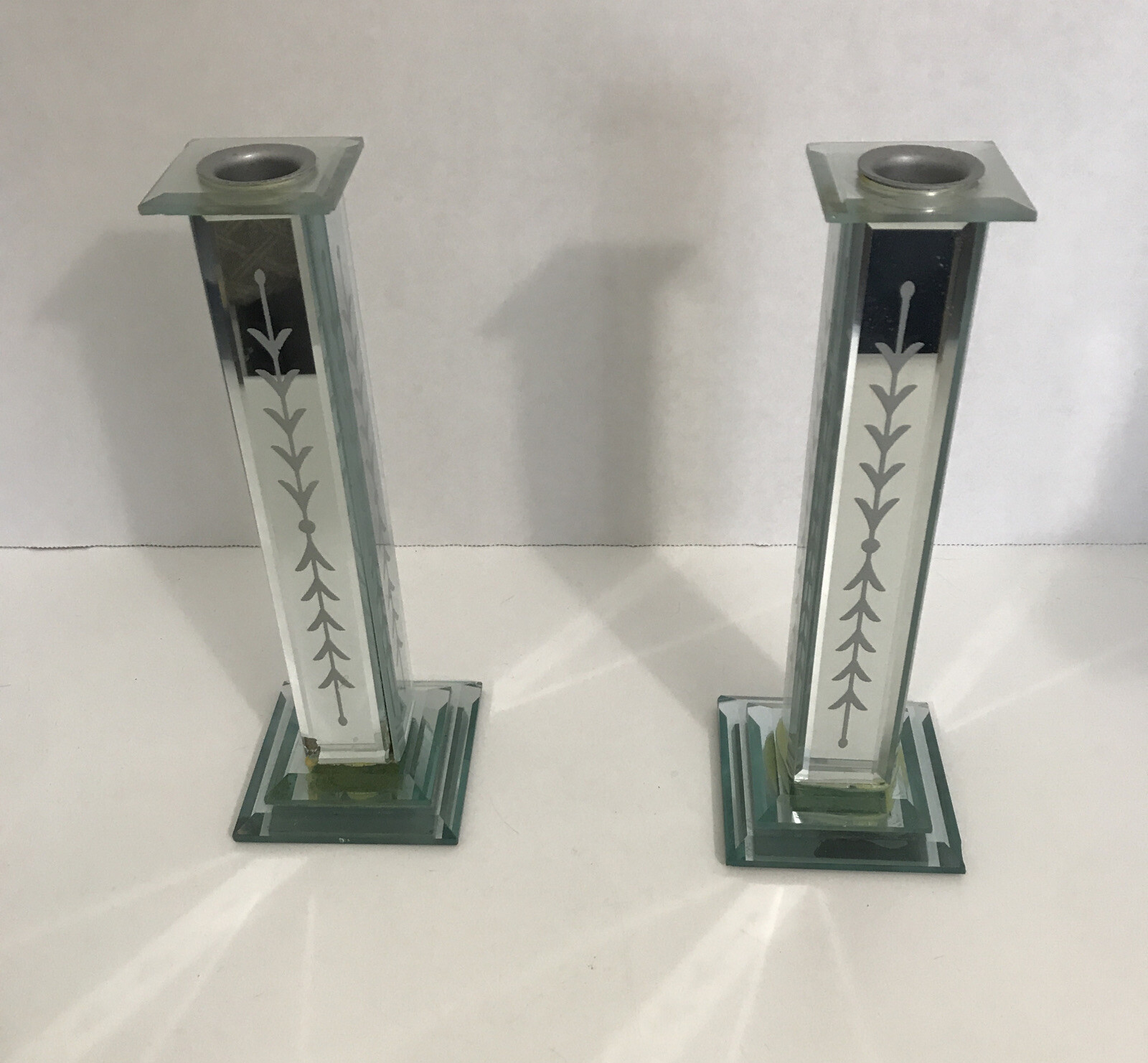 Candlestick Candle Holder Mirrored Victorian Style Glass Etched Vintage Set Of 2