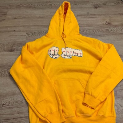 Toy Machine Fist Spell Out Mustard Yellow Hoodie Size Small Skateboard Y2K 2000