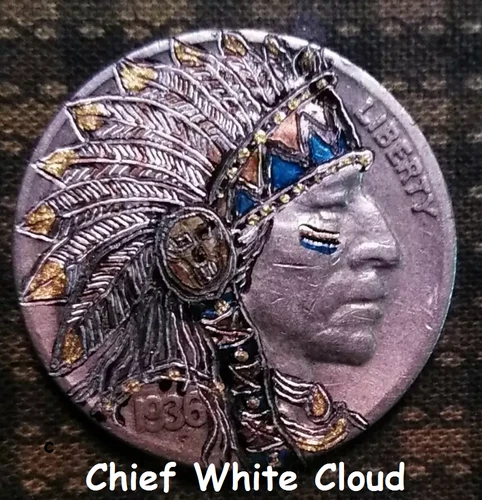 Hobo Nickel hand carved original by J&M Tarantula buffalo as Chief White Cloud - Picture 1 of 24