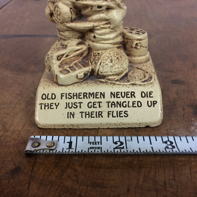 Vintage Old 70s Fishing Statue Figure Desk Office Mantle Character