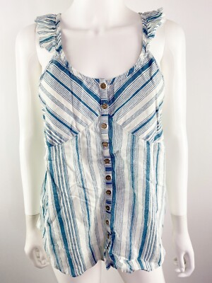 Chaser White & Blue Striped Ruffle Button Up Tank Top Womens M NEW