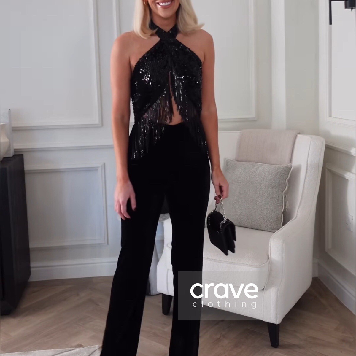 ZARA WOMAN FRINGED SEQUIN HALTER NECK JUMPSUIT BLACK 0387