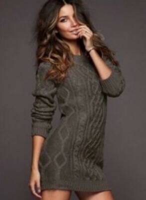 cable knit sweater dress victoria's secret Victorias Secret Y2K 90s Gray Sweater Tunic Dress Mohair Wool Cable Knit Sz XS