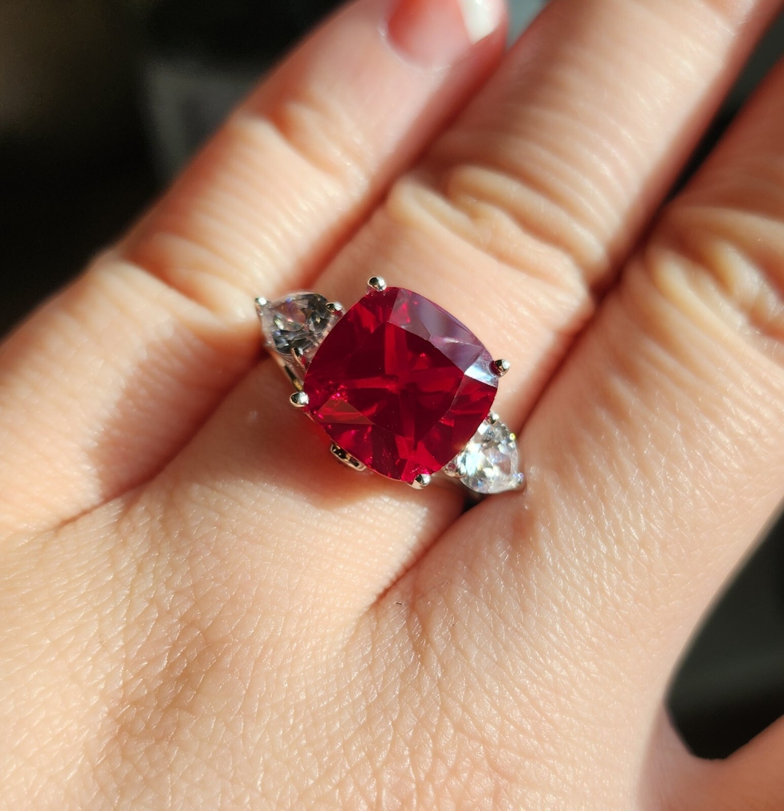 Sterling Silver Simulated Ruby and Diamond Ring V… - image 2