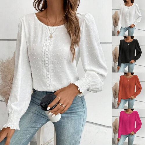 Womens Solid Round Neck Long Sleeve Tops Ladies Casual Blouse Winter T-sirts Tee