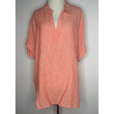 Tahari Women's Linen Blend Womens Size 1x Salmon Cuffed Sleeve V-Neck Coastal