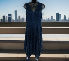 Misses Sz L Dress Navy Blue Lace Lined Fit & Flare Sleeveless Stretch