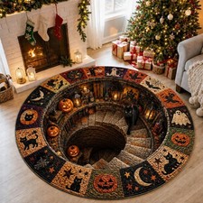 Halloween Black Cat Circle Rug, 3D Vortex Illusion Round Rug, Fall Autumn Decor