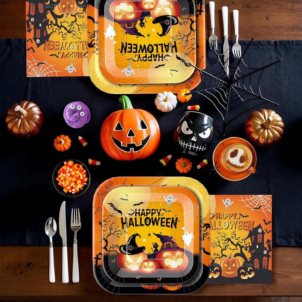 Platos y servilletas de papel de Halloween, servicio 25 platos cuadrados de Halloween y servilletas Foto 2 de 4