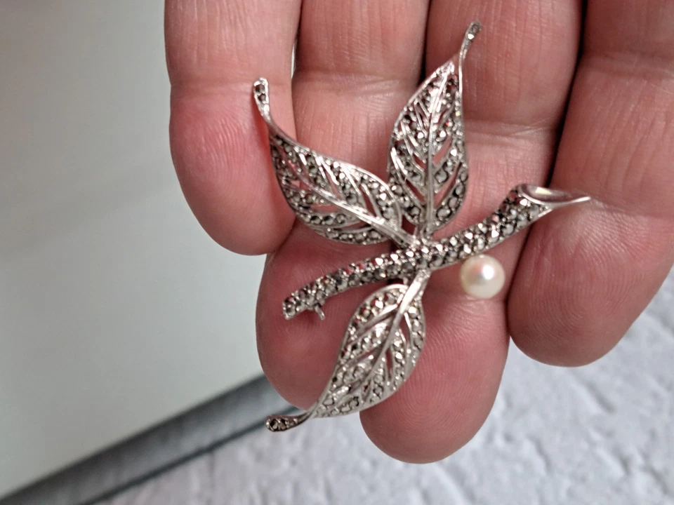 Bella Vecchia Spilla, 925 Argento Con Marcasite E Perla, Spilla Da Giacca - Immagine 4 di 4