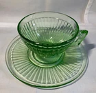 Green Federal Vaseline Uranium Depression Glass Teacup Ribbed Vintage Spring