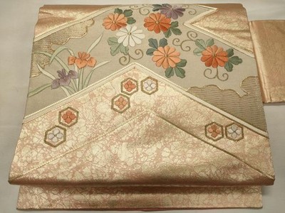 Japanese Kimono Nagoya Obi Belt Embroidery Flower Arabesque Gold Pure Silk