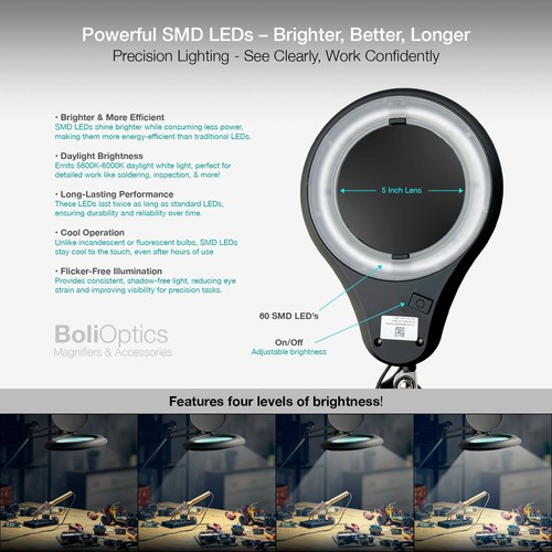 ESD Safe LED Magnifying Lamp for Inspection, Clamp for Work Bench (8 Diopter) - Picture 4 of 6