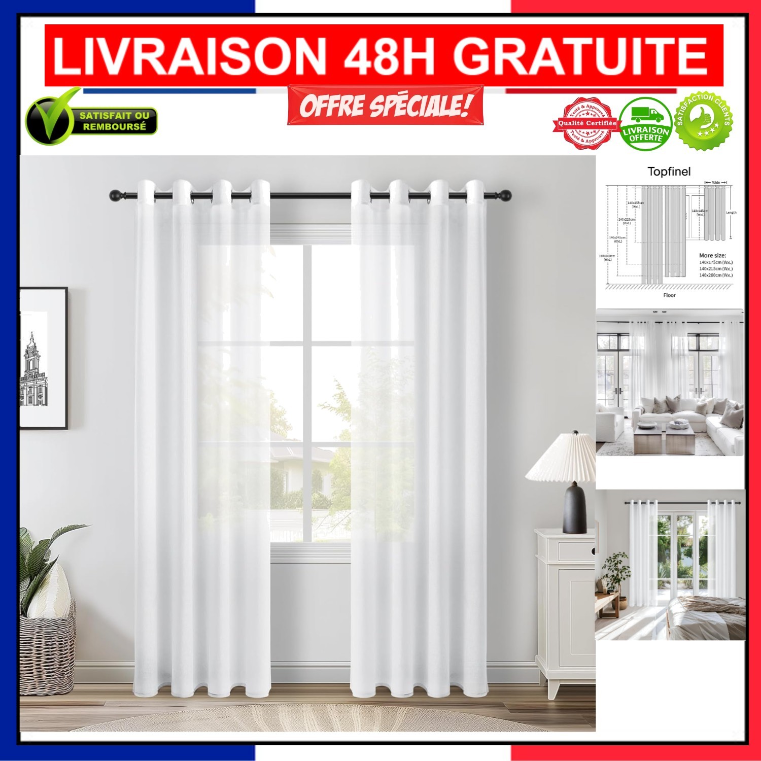 Voilages Blancs 140x225 Anti-Éblouissement - Paire de Rideaux Tamisants