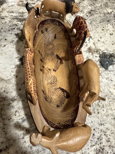 12 Zoll handgefertigte Safari Schüssel mit afrikanischen Wildtieren Design hergestellt in Kenia Vintage - Bild 4 von 21