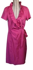 lafayette 148 NY Faux Wrap Ruffle Magenta Stretch Cotton Dress Sz 10 Side Zip