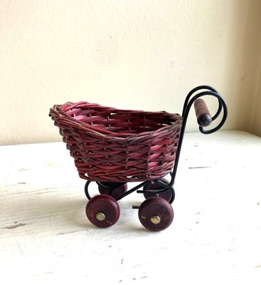 Vintage Wicker Miniature Doll Stroller Pram Toy Wood Wheels Wire Wine Red
