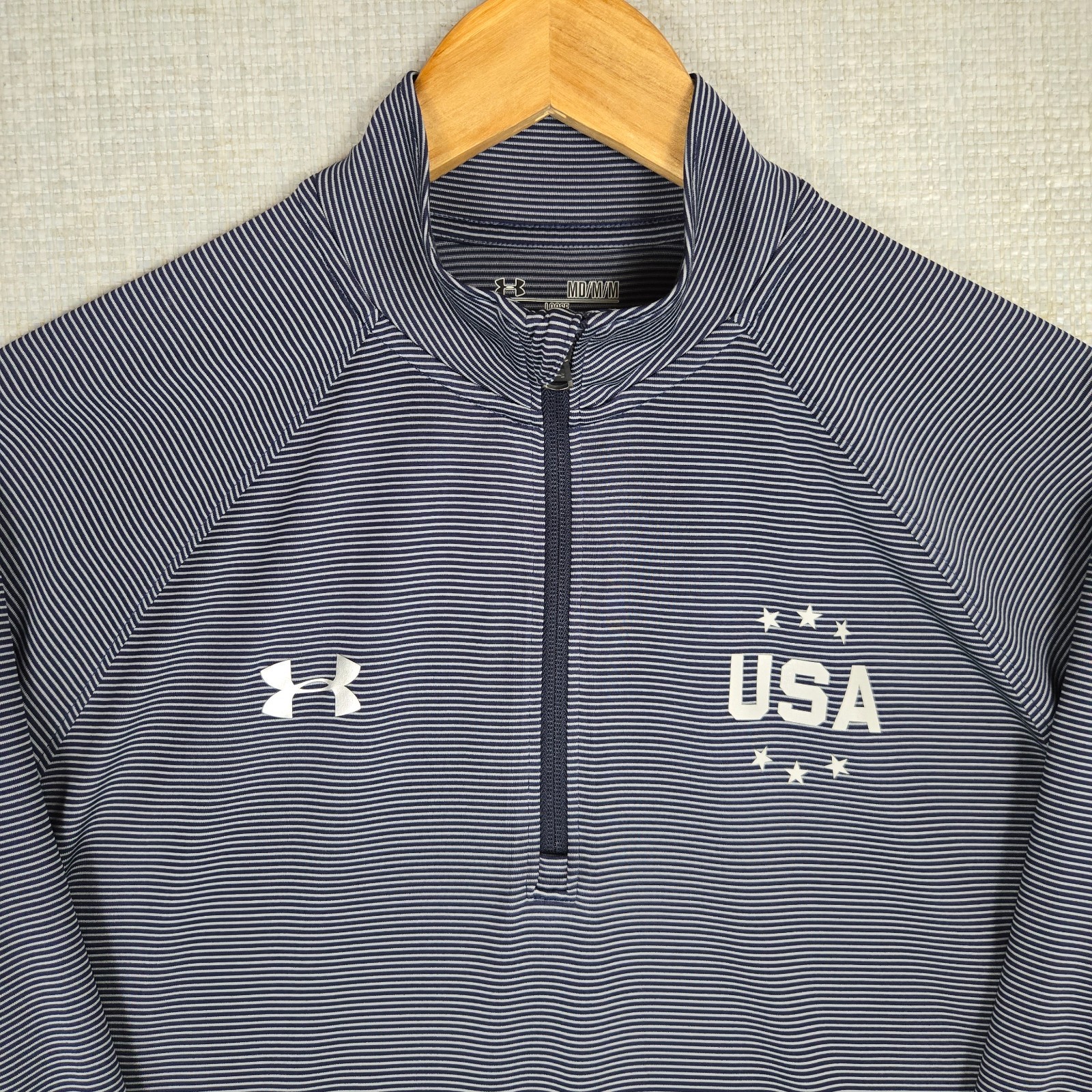 UNDER ARMOUR x USA Mens Medium Lightweight HeatGeat 1/4 Zip Pullover Blue Golf image 2