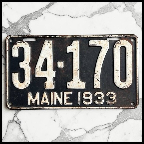 Antique 1933 Maine Black/White Painted Metal License Plate